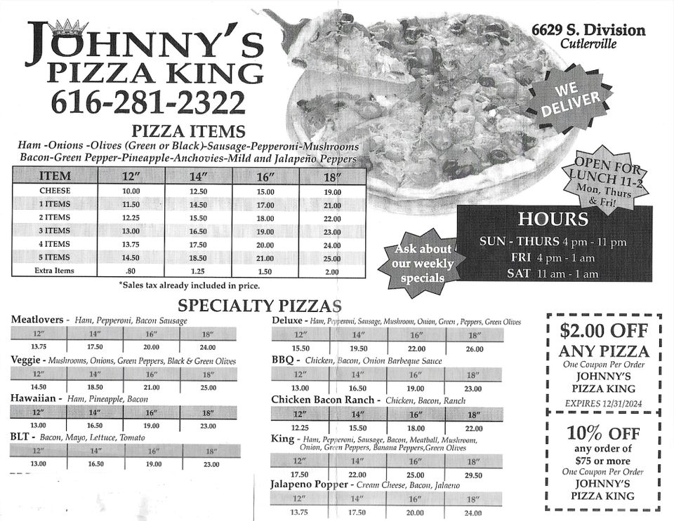 Johnny's Pizza King Menu 